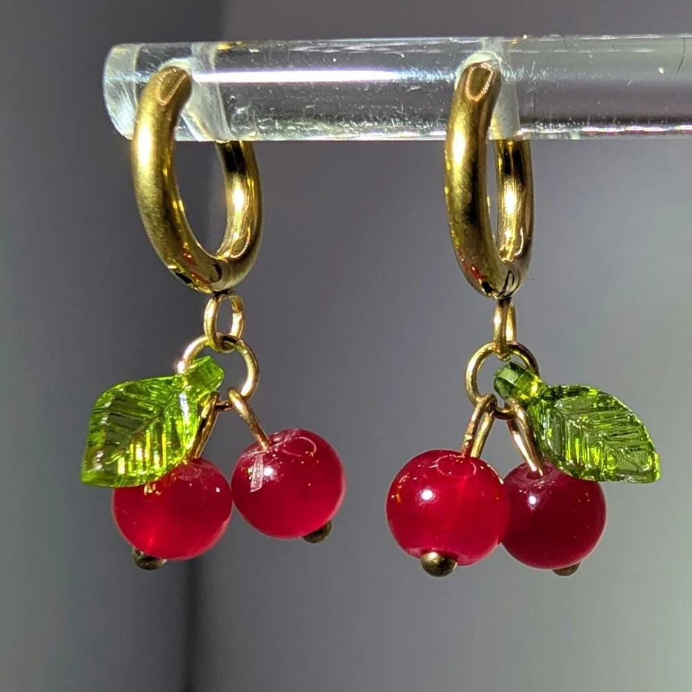 Gold Cherry Huggie Earrings, Gold Ion Plated Stainless Steel Hoops, Glass Beads - Picture 2 of 6